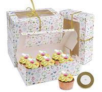 Boîtes Cupcakes 6 Trous, 15 Pack Boîtes a Gateau Carton + Ruban(22m), Cupcake Box Réutilisable Boîtes Gateau avec Transparente Fenêtre pour Cupcakes, Pâtisseries, Biscuits, Party Festival