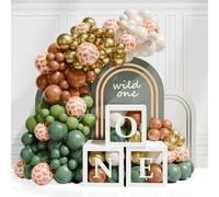 Boîtes de decoration anniversaire 1 an pour Garçons,3 boîtes transparentes contenant des ballons Verts Blancs Et "ONE" Lettre,Thème De La Jungle pour decoration anniversaire garcon Baby Shower Decor