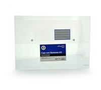 Boîtes de projet format A3 Office Box - Transparentes avec fermeture à boutons de grande résistance et qualité en polypropylène recyclable avec porte-cartes personnalisable.