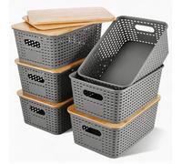 Boîtes de rangement empilables - Lot de 6 pièces - Couvercle en bambou - Dimensions 25,6x18,3x10,7 cm Gris