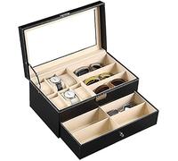 Boîtes de rangement for montres verrouillables en cuir PU à 2 niveaux, 6 boîtes à montres, coffret à bijoux et 9 pièces de rangement for lunettes et lunettes de soleil, tiroir de présentation for homm