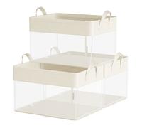 Boîtes de Rangement, Lot de 3, Taille Moyenne, Pliable, Filet de Nylon Transparent, 40 x 30 x 25 cm, Poignées, Couleur Crème