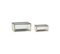 Boîtes en verre transparent, lot de 2, striées, finition laiton, faites à la main - Hübsch, Ripple - 15x10x7 cm
