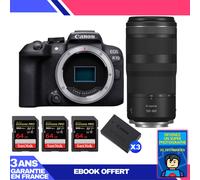 Boitier Canon EOS R10 + RF 100-400mm F5.6-8 IS USM + 3 SanDisk 64GB Extreme PRO UHS-II SDXC 300 MB/s + 3 Canon LP-E17 + Ebook 'Devenez Un Super Photographe