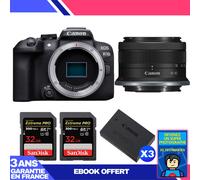 Boitier Canon EOS R10 + RF-S 18-45mm F4.5-6.3 IS STM + 2 SanDisk 32GB Extreme PRO UHS-II SDXC 300 MB/s + 3 Canon LP-E17 + Ebook 'Devenez Un Super Photographe