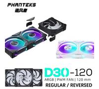 Boîtier de D30-120 Phanteks 120mm Fan Regula/Paupières Flux d'Air 4pin PWM, optique 30mm/quatre faces Document Magique Couture Sans Fil REVERSED Black 3PCS
