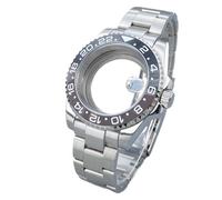 Boîtier de Montre argenté HN35 40 mm GMT/SUB, Lunette 120 clics en Verre Saphir, Accessoires for mouvements NH34/NH36, Cadran Date 28,5 mm.(P12/8/13,Glass Back Cover)