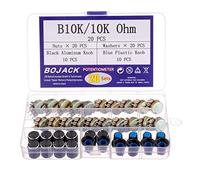 BOJACK Lot de 20 potentiomètres rotatifs à tige moletée B10K 3 bornes (WH148) 10 K Ohm 10 K Ohm Film de carbone Résistance variable avec kit de boutons en aluminium noir et plastique bleu
