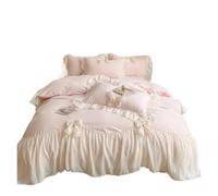 BOJHGO Ensemble de literie avec nœud en Dentelle, Rose, Mousseline Soie, à Volants, Housse Couette, Drap et taie d'oreiller, Textile Maison for Mariage(US Full Size 4 pcs)