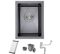 Bokaiya 35 x 45 cm Évier de Cuisine Noir 1 Bac, Petit Évier de Cuisine En Acier Inoxydable Montage Encastré ou Supérieur avec Trop-Plein, Siphon, Support Enroulable