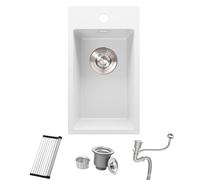 Bokaiya Petit évier de cuisine en granit blanc 28 x 50 cm pour camping-car, cuve simple, mini lavabo d'extérieur avec bonde de vidage et kit de trop-plein, support enroulable et siphon