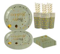 BOKFJBP 80 pièces de vaisselle d'anniversaire vert sauge or ballons assiettes en papier enfants serviettes gobelets pailles pour fête d'anniversaire baby shower décoration de mariage