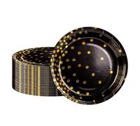 BOKFJBP Lot de 50 assiettes en carton noir et doré - 18 cm - Assiettes jetables pour anniversaire d'enfant - Pour anniversaire, mariage, remise de diplôme, fête, vacances, toutes les occasions