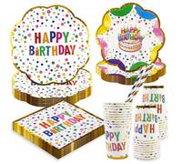 BOKFJBP Lot de 50 assiettes en papier coloré avec inscription « Happy Birthday » - Serviettes colorées à pois - Serviettes de table colorées - Paille - Pour enfants et adultes - Décoration de fête