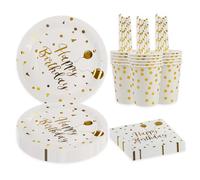 BOKFJBP Lot de 80 pièces de vaisselle de fête d'anniversaire en or blanc - Fournitures de vaisselle, assiettes, serviettes, tasses, pailles pour anniversaire d'enfant garçon et fille (or blanc)