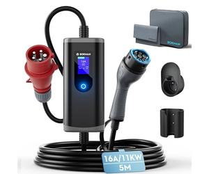 bokman Chargeur Voiture Electrique Type 2- Prise CEE(5 Broches) Portable EV Chargeur Station de Charge Mobile/Wallbox Ajustable 6-16A | 11kW | 5 Mètre, Compatible avec BEV et PHEV