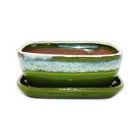 Bol à bonsaï avec soucoupe taille 3 - vert-beige - rectangulaire - modèle GB5 - L 21,5 cm - l 17 cm - H 8 cm