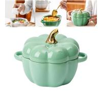 Bol à citrouille d'automne en céramique avec couvercle, passe au four, 425,2 g, pot de rangement décoratif en forme de citrouille pour la maison, Thanksgiving, Halloween, fête (vert)
