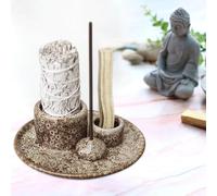 Bol à encens 4 en 1 pour tout type d'encens, bâtonnets d'encens, Palo Santo, sauge blanche, bâtonnets d'encens et bougeoir, plateau réceptacle de cendres en céramique pour la méditation et le yoga