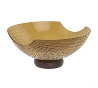 Bol à fruits en verre avec base en bois, élégant centre de table, plat multifonction pour servir des fruits, des collations, du pain, des salades, des repas quotidiens (jaune)