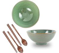 Bol à ramen, bol à salade, bol à fruits, bol à ramen, grands bols de service, ensemble de 2 bols à ramen au design vintage, ensemble de bols Pho et cuillères, bol à nouilles Udon, bouillie, Punch-vert