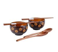 Bol à ramen japonais en bois créatif avec cuillère à ramen, bol à soupe, dessert, collations, salade à soupe, bol japonais, bol à riz traditionnel japonais, 300 ml rond marron