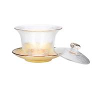 Bol à Thé Chinois en Verre Cristal Transparent Couvercle Doré, Facile à Manipuler, Multi-usage pour Maison et Bureau, pour Amateurs de Cérémonie du Thé