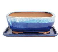 bol bonsaï avec soucoupe taille 4 - bleu/beige - rectangulaire - modèle g5b - l 25,5cm - b 19cm - h 9cm