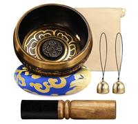 Bol chantant tibétain, tibétain, 8 cm, en laiton, avec coussin, 2 cloches et maillet en bois, martelé à la main, pour les débutants, le yoga, la relaxation
