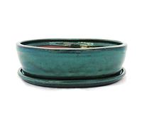 Bol de bonsaï avec soucoupe - Modèle O7 - Taille 4 - Vert - Ovale - Longueur de 26 cm - Largeur de 21 cm - Hauteur de 7,5 cm