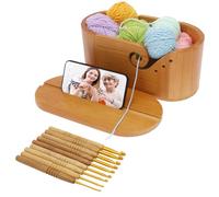 Bol de fil ovale en bois avec 9 crochets à tricoter, grande capacité, bol de fil à crochet, avec couvercle, double fente pour tricoteur, crochet, amateurs de fil à tricoter fait à la main, 27,5 x 13,7