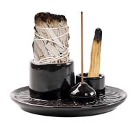 Bol D'encens 4 en 1, Porte-Encens en Céramique, Brûleur D'encens, Support Palo Santo, Porte Encens pour Chaque Encens, Bougeoir, Sauge Blanche (Schwarz)