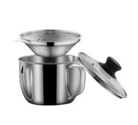 Bol Graisse Inoxydable Séparateur en Acier pour Soupe Maison | Couvercle et Passoire Inclus, Bec Verseur Courbe, Usage la Cuisine Domestique, Finition Argentée