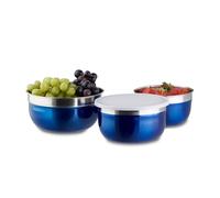 Relaxdays Bol mélangeur avec couvercle lot de 3 saladiers en inox plusieurs tailles, bleu