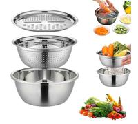 Bol multifonction en acier inoxydable avec râpe pour cuisine, bac multifonction en acier inoxydable, tranchant 3 en 1 et bol d'égouttement, pour légumes, fruits et riz (argenté, 26 cm)
