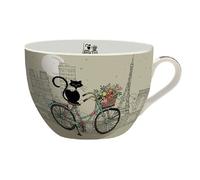 KIUB Bol chat avec une anse - Motif chat sur un vélo avec aussi la Tour Eiffel de Paris - matière porcelaine fine - contenance 500ML