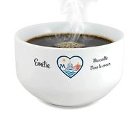 Bol petit déjeuner personnalisable Ville : Marseille dans le coeur - Bol céramique blanc - 600 ml. Compatible micro-ondes et lave-vaisselle