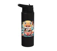 Bol ramen mangeant un renard mignon avec vagues japonaises Stainless Steel Insulated Water Bottle