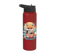 Bol ramen mangeant un renard mignon avec vagues japonaises Stainless Steel Insulated Water Bottle