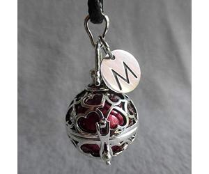 Bola de Grossesse en argent avec cordon. Cage coeur, bille rouge irisée, lettre. Modèle Tien