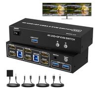 BolAAzuL Commutateur KVM USB 3.0 HDMI + DisplayPort pour 2 ordinateurs qui partagent 2 moniteurs, 4K, mode étendu/copie/épissure, avec 2 entrées de port DP & HDMI, 1 sortie HDMI & DP, 2 ports USB 3.0