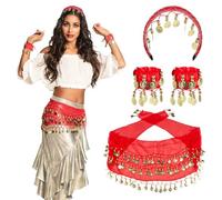 Boland 00458 - Gypsy Set Rouge, serre-tête, bracelet, foulard pour les hanches, danse du ventre, or, pièces de monnaie, perles, déhanchement, danse, carnaval, Halloween, Mardi gras, fête à thème, déguisement, théâtre, accessoire