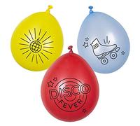 Boland 00757 - Lot de 6 ballons en latex Disco Fever - Environ 23 cm - Motifs assortis - Ballon, patin à roulettes, boule disco - Écriture - Carnaval, anniversaire, décoration, discothèque, fête à