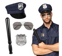 Boland 01410 - Set de police, casquette, lunettes de fête, insigne et matraque 33 cm, noir-argent, shérif, policier, déguisement, carnaval, fête à thème