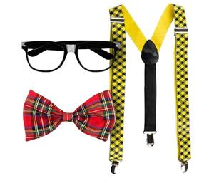 Boland 02606 - Set Nerd pour déguisements, accessoires pour carnaval, set de déguisement, noeud papillon, lunettes et bretelles,