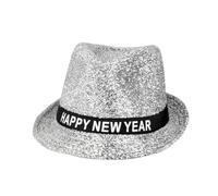 Boland 13450 - Chapeau Sparkling Happy New Year, argent avec paillettes, fedora scintillant pour le Nouvel An, bandeau avec écriture, accessoire, cadeau (Lot de 2)