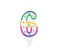 Boland 31066 - Bougie d'anniversaire chiffre 6, 1 pièce, six pièces, avec bougeoir, piquet, mini bougie à gâteau, gâteau, anniversaire, jardin d'enfants, décoration, cadeau, multicolore