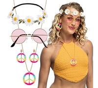 Boland 44551 - Kit de déguisement hippie Deluxe avec bandeau, lunettes de fête, boucles d'oreilles et collier Motif fleurs années 70