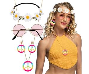 Boland 44551 - Kit de déguisement hippie Deluxe avec bandeau, lunettes de fête, boucles d'oreilles et collier Motif fleurs années 70