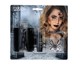Boland 45097 - Kit de Maquillage Veuve Noire, 1 Tissu Tulle, 1 Rouge à lèvres, 4 Autocollants, 1 Crayon de Maquillage et 1 Gel pailleté, Maquillage, kit de Maquillage, araignée, sorcière, Halloween,